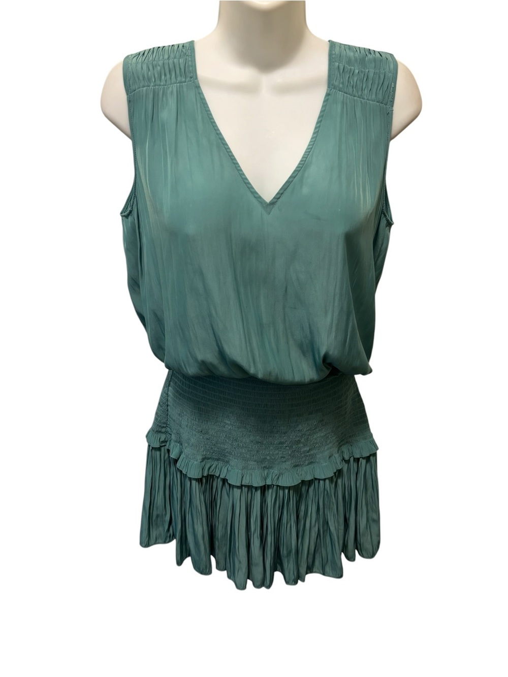 Ramy Brook Smocked Blouson Mini Dress Sz XS Teal Green Flirty Pleated Romantic
